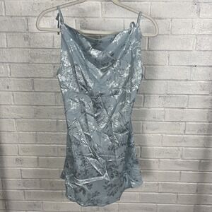 Shekou Floral Cowl Neck Slip Dress Womens Size M Blue Satin Y2K Romantic